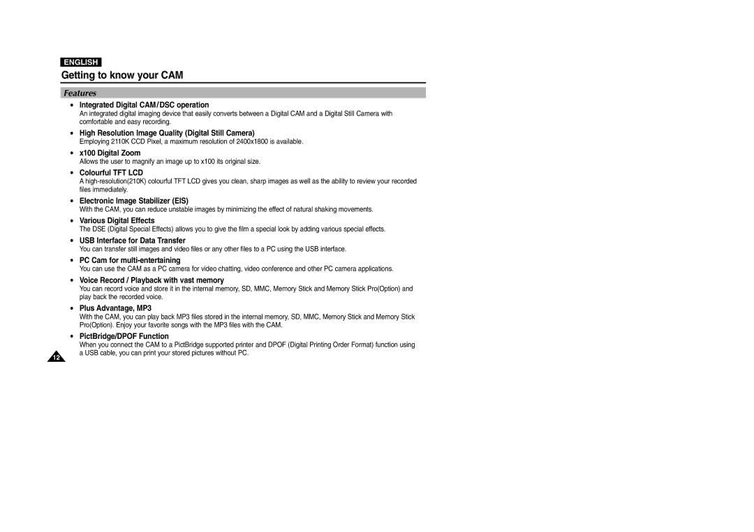 Samsung VP-M2050S/XEC, VP-M2100B/XET, VP-M2100BMEM, VP-M2100S/XEC, VP-M2100S/XEH manual Getting to know your CAM, Features 