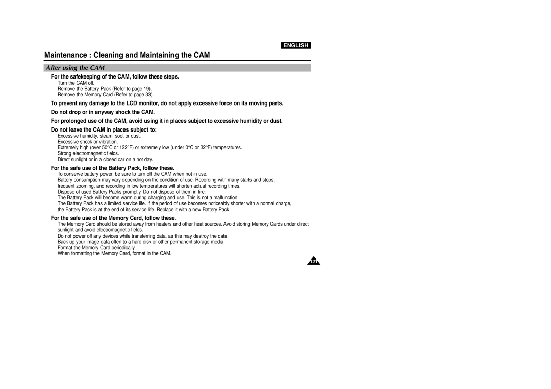 Samsung VP-M2100BMEM, VP-M2100B/XET, VP-M2050S/XEC manual Maintenance Cleaning and Maintaining the CAM, After using the CAM 