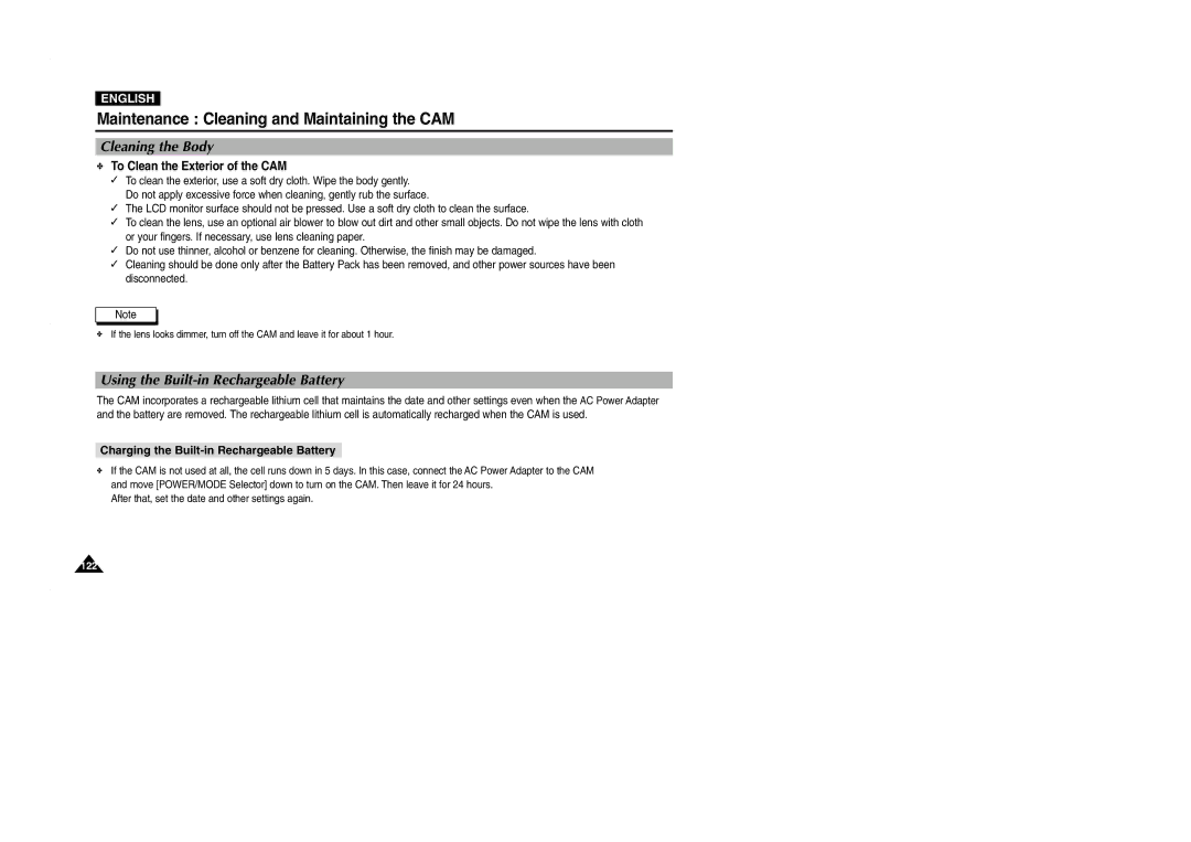 Samsung VP-M2050S/XEC manual Cleaning the Body, Using the Built-in Rechargeable Battery, To Clean the Exterior of the CAM 