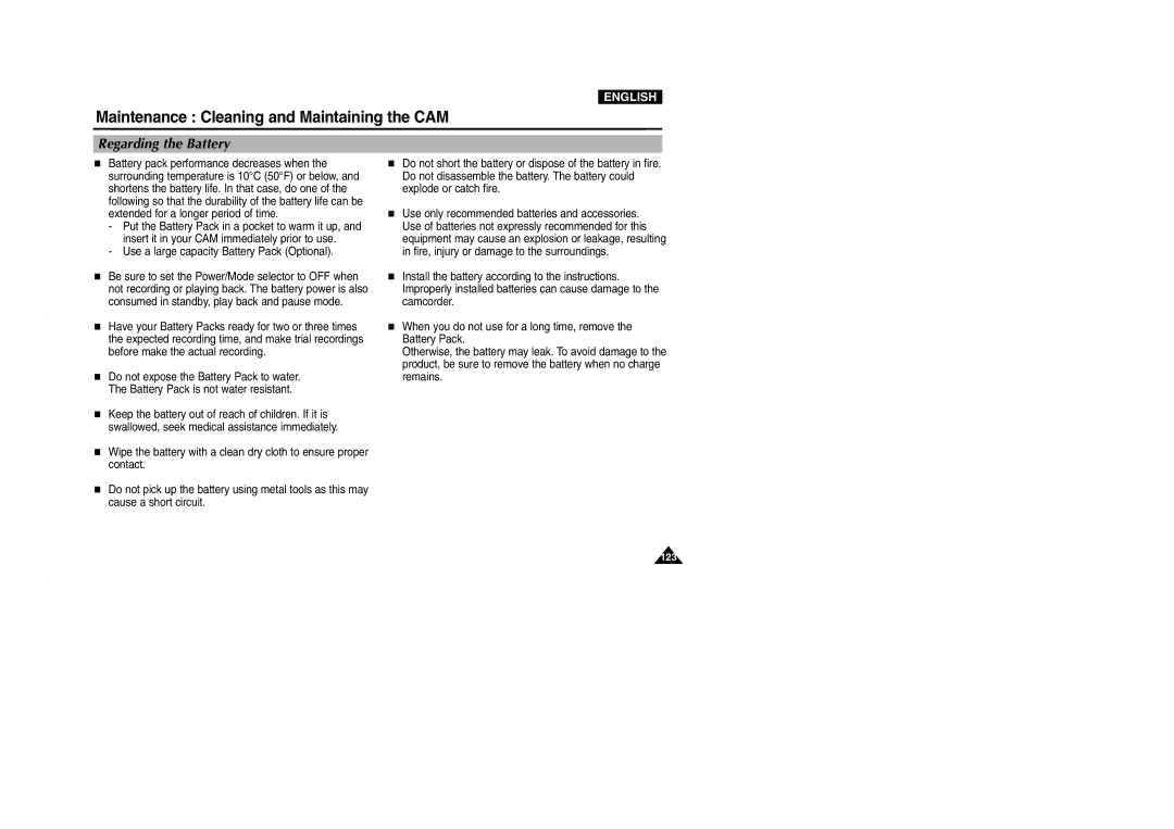 Samsung VP-M2100S/XEC, VP-M2100B/XET, VP-M2100BMEM manual Regarding the Battery, Use a large capacity Battery Pack Optional 