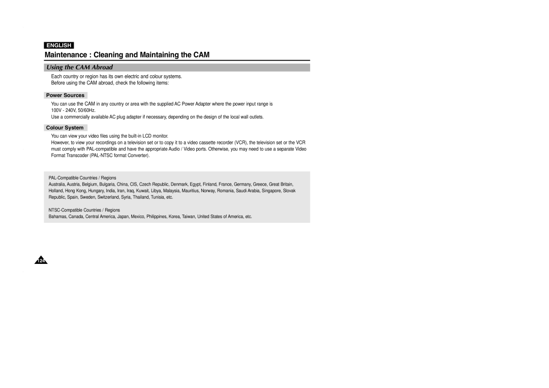 Samsung VP-M2100S/XEH, VP-M2100B/XET, VP-M2100BMEM, VP-M2050S/XEC manual Using the CAM Abroad, Power Sources, Colour System 