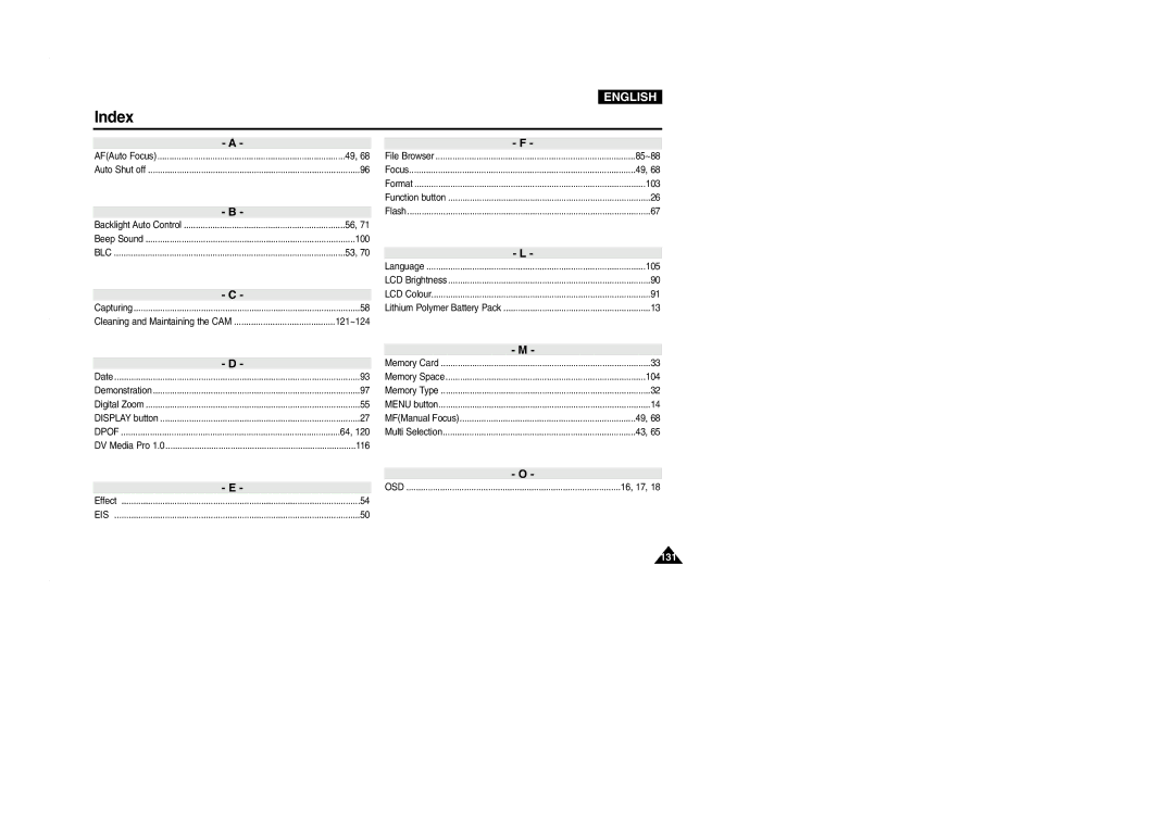 Samsung VP-M2100BMEM, VP-M2100B/XET, VP-M2050S/XEC, VP-M2100S/XEC, VP-M2100S/XEH, VP-M2100S/SED, VP-M2100S/XEV manual Index 