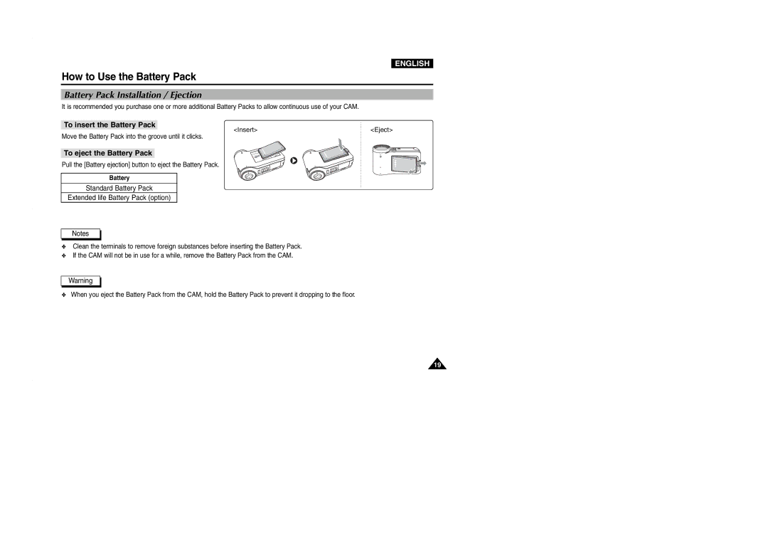 Samsung VP-M2100B/XEV manual How to Use the Battery Pack, Battery Pack Installation / Ejection, To insert the Battery Pack 