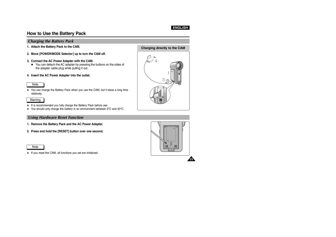 Samsung VP-M2100S/XEC, VP-M2100BMEM Charging the Battery Pack, Using Hardware Reset Function, Charging directly to the CAM 