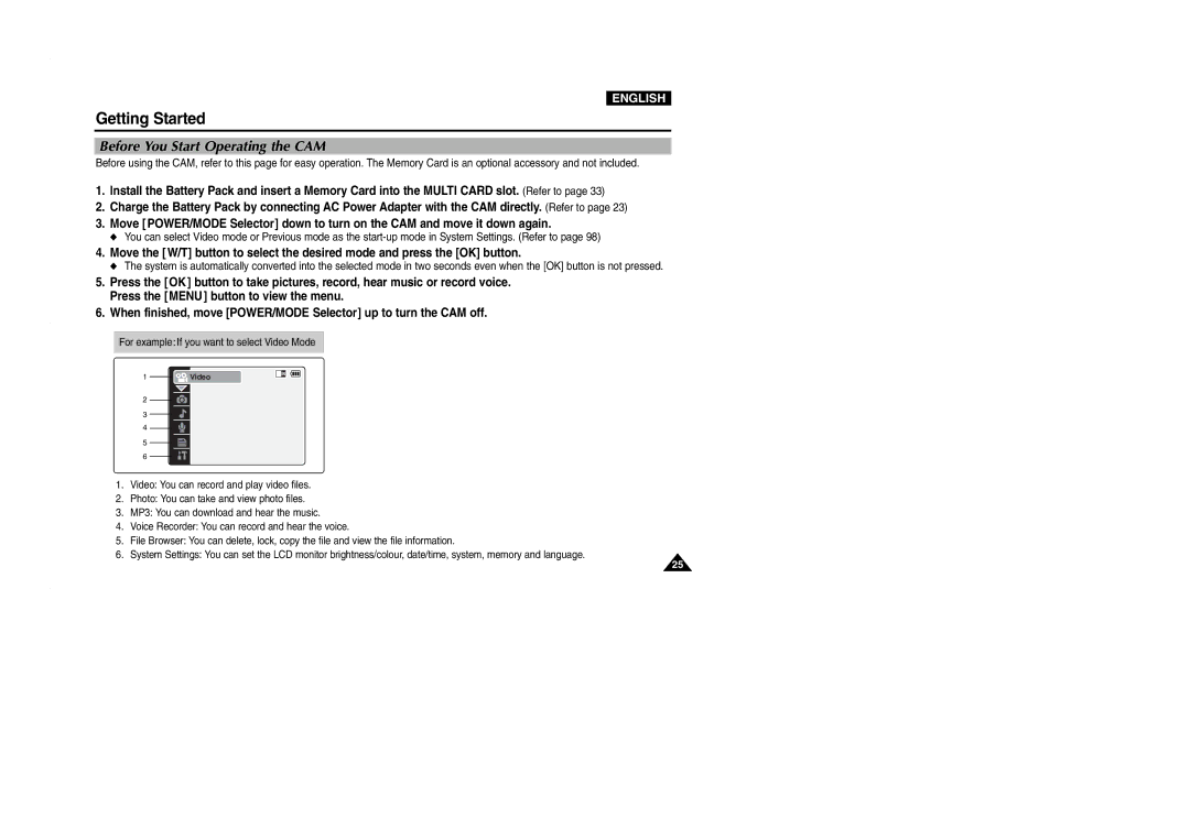 Samsung VP-M2100S/SED, VP-M2100B/XET, VP-M2100BMEM, VP-M2050S/XEC, VP-M2100S/XEC manual Before You Start Operating the CAM 