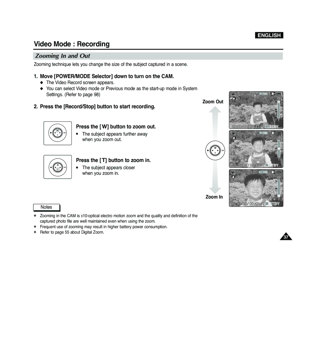 Samsung VP-M2050S/XEV Zooming In and Out, Press the Record/Stop button to start recording, Press the W button to zoom out 