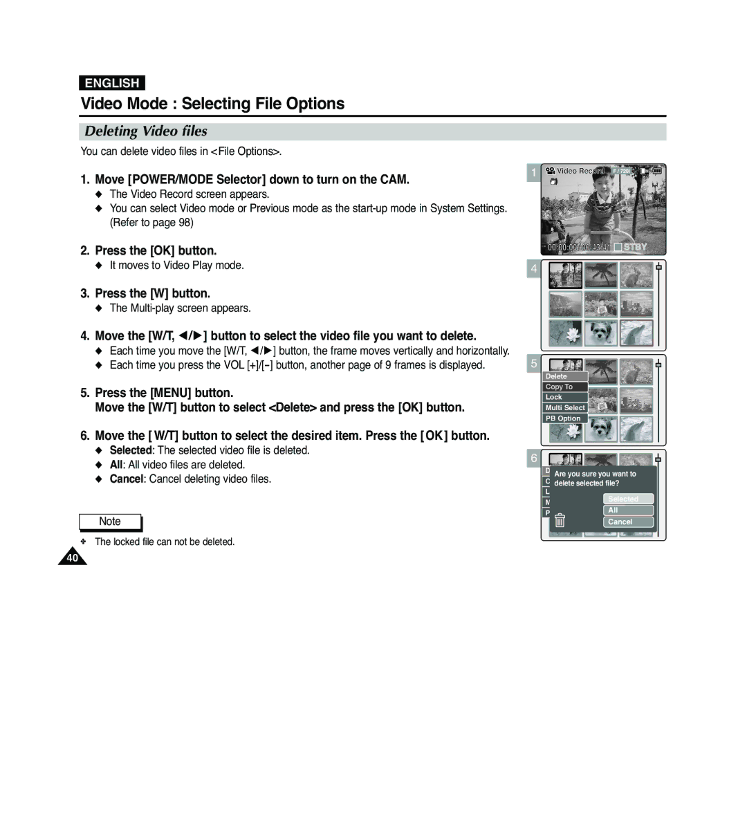 Samsung VP-M2100B/XET Video Mode Selecting File Options, Deleting Video files, You can delete video files in File Options 