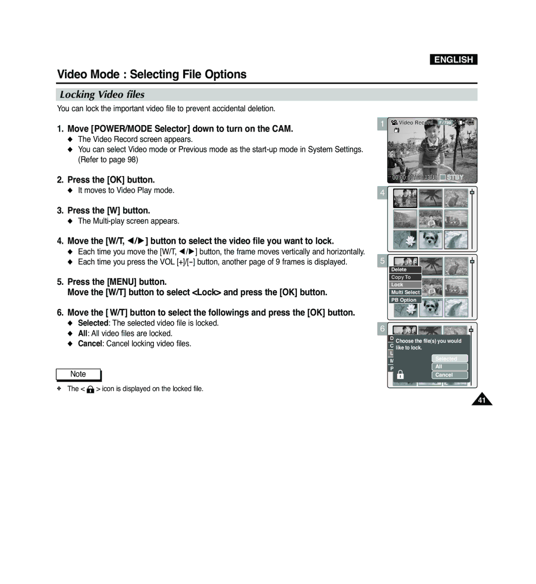 Samsung VP-M2100BMEM, VP-M2100B/XET, VP-M2050S/XEC, VP-M2100S/XEC Locking Video files, Icon is displayed on the locked file 