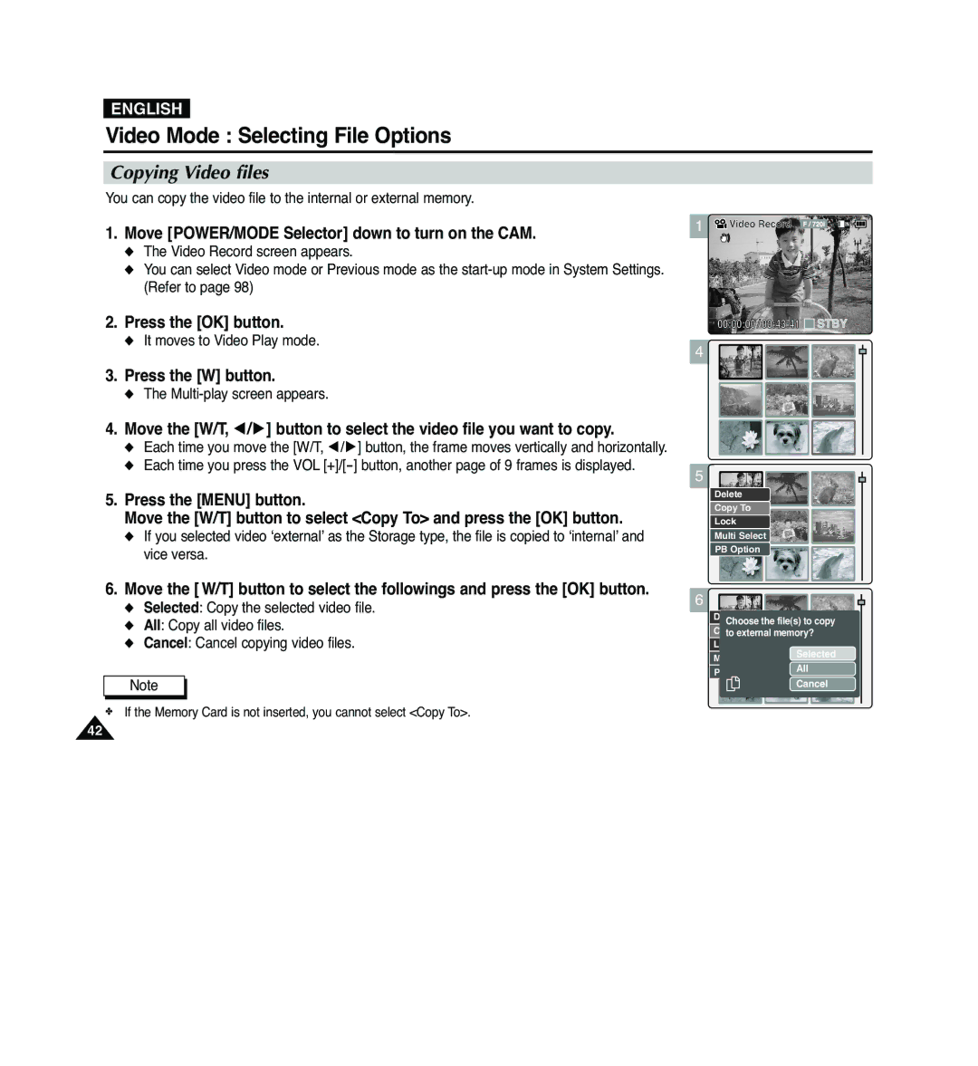 Samsung VP-M2050S/XEC, VP-M2100B/XET, VP-M2100BMEM, VP-M2100S/XEC, VP-M2100S/XEH, VP-M2100S/SED manual Copying Video files 