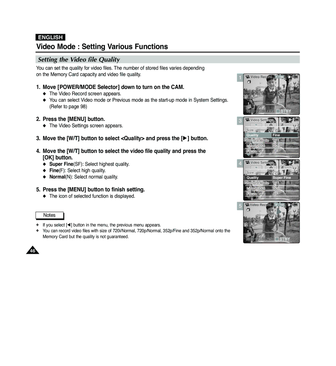 Samsung VP-M2100S/XEV, VP-M2100B/XET, VP-M2100BMEM, VP-M2050S/XEC, VP-M2100S/XEC, VP-M2100S/XEH Setting the Video file Quality 