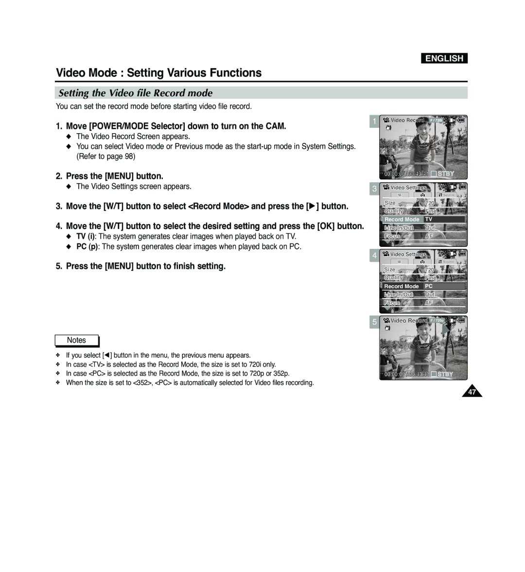 Samsung VP-M2050S/XEV, VP-M2100B/XET, VP-M2100BMEM, VP-M2050S/XEC, VP-M2100S/XEC manual Setting the Video file Record mode 