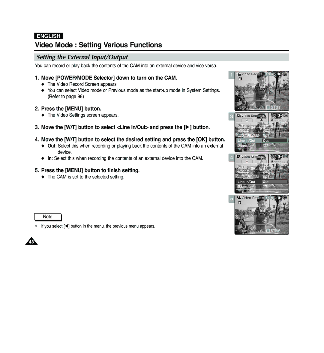 Samsung VP-M2050B/XEV, VP-M2100B/XET, VP-M2100BMEM Setting the External Input/Output, CAM is set to the selected setting 