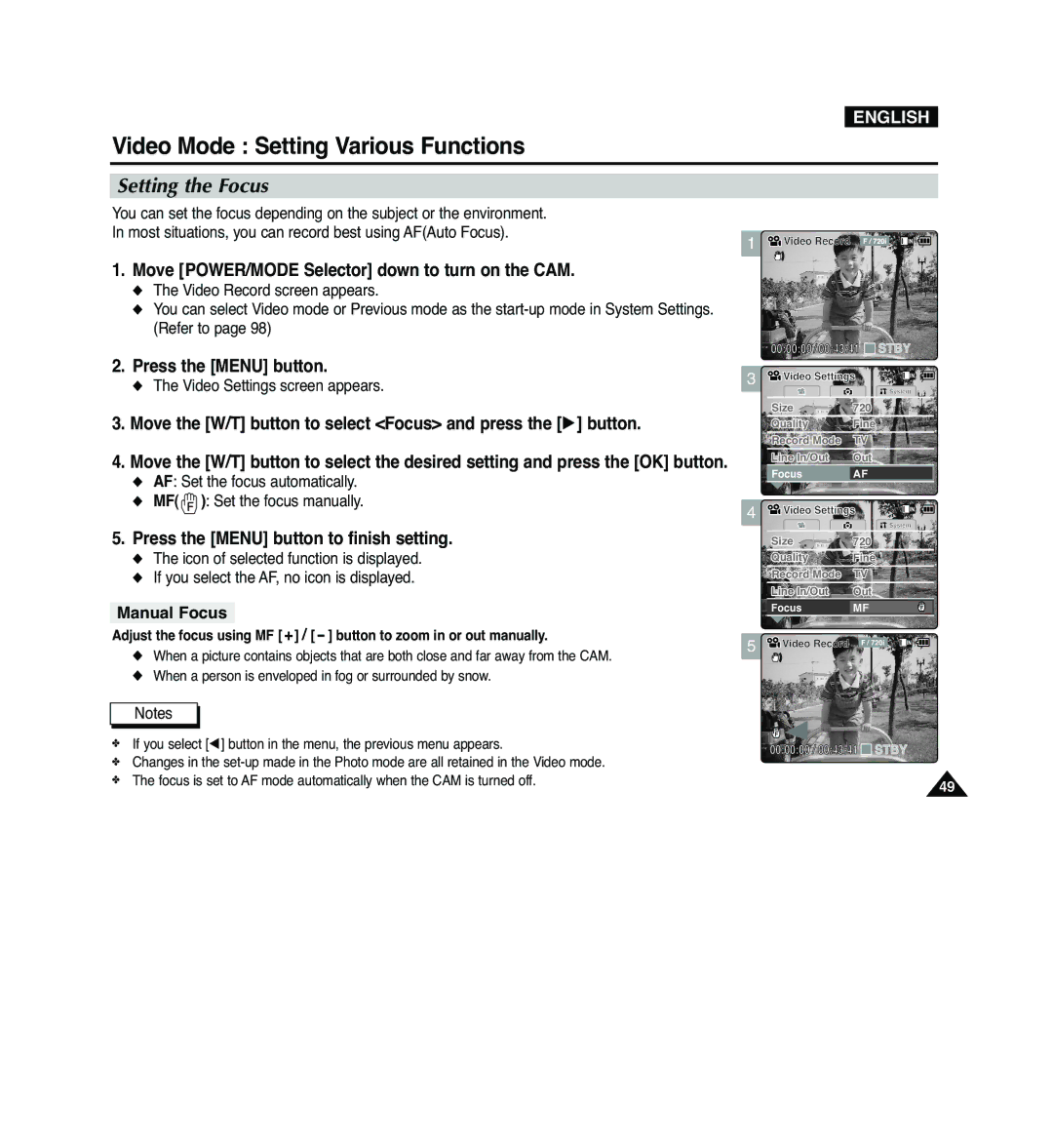 Samsung VP-M2100B/XEV manual Setting the Focus, Move the W/T button to select Focus and press the √ button, Manual Focus 