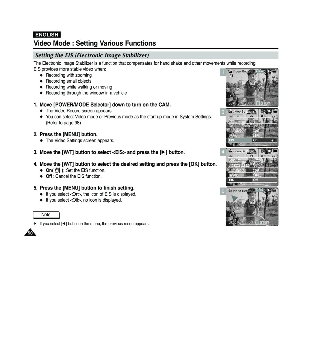 Samsung VP-M2100B/XET Setting the EIS Electronic Image Stabilizer, On Set the EIS function Off Cancel the EIS function 