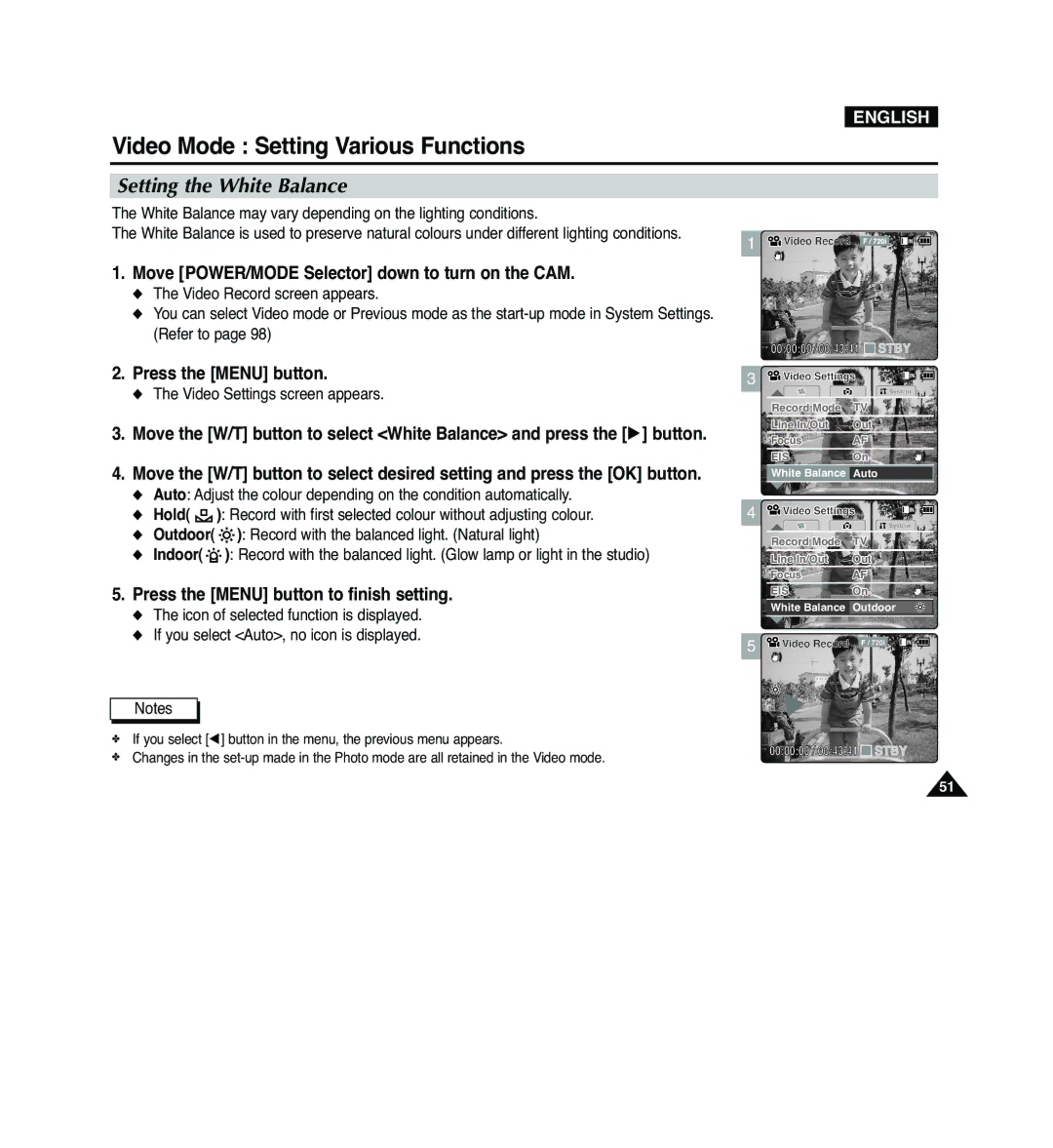 Samsung VP-M2100BMEM, VP-M2100B/XET, VP-M2050S/XEC, VP-M2100S/XEC, VP-M2100S/XEH, VP-M2100S/SED manual Setting the White Balance 