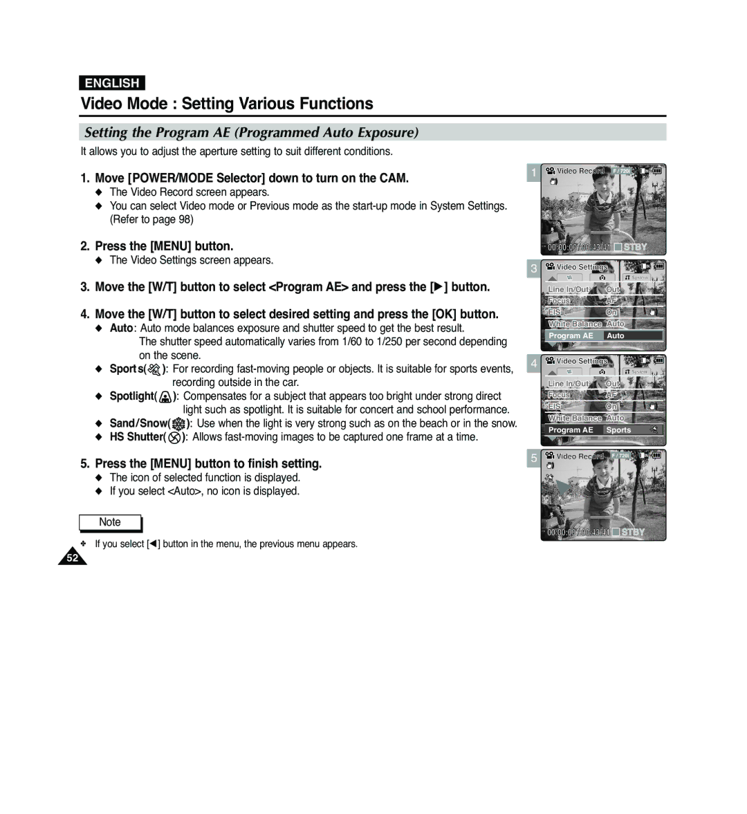 Samsung VP-M2050S/XEC, VP-M2100B/XET, VP-M2100BMEM, VP-M2100S/XEC manual Setting the Program AE Programmed Auto Exposure 