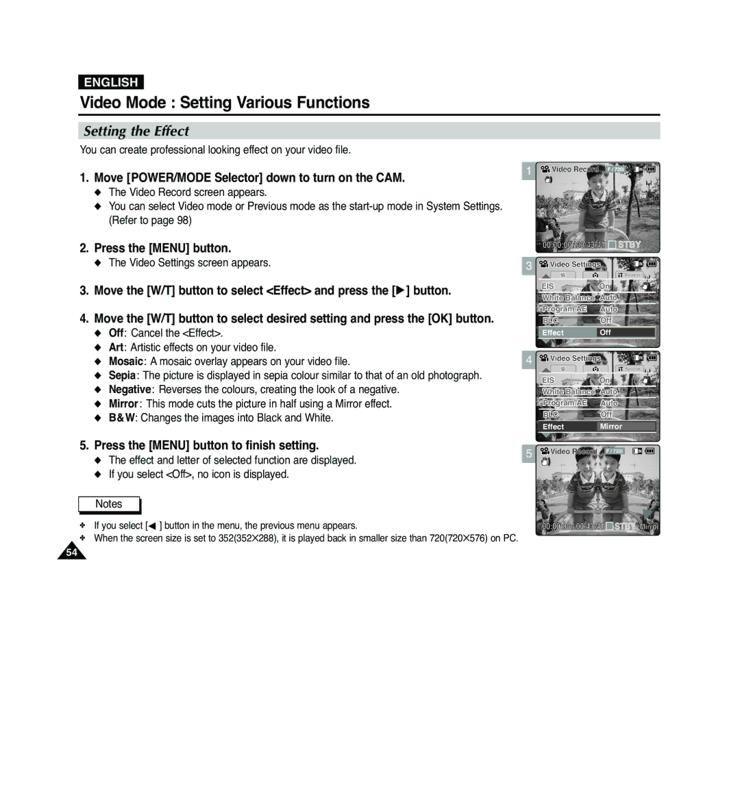 Samsung VP-M2100S/XEH, VP-M2100B/XET manual Setting the Effect, Move the W/T button to select Effect and press the √ button 