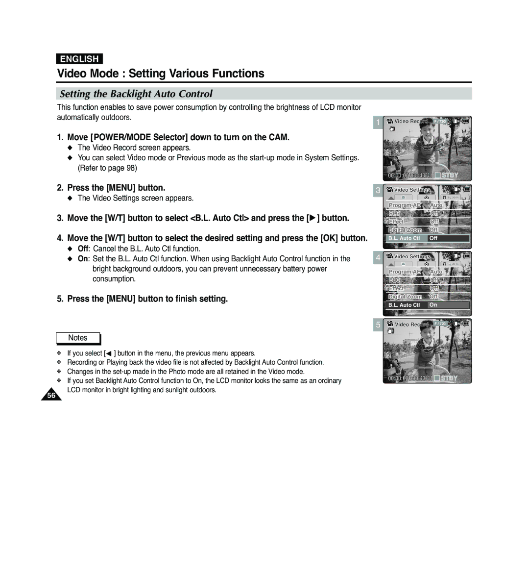 Samsung VP-M2100S/XEV, VP-M2100B/XET, VP-M2100BMEM, VP-M2050S/XEC, VP-M2100S/XEC manual Setting the Backlight Auto Control 