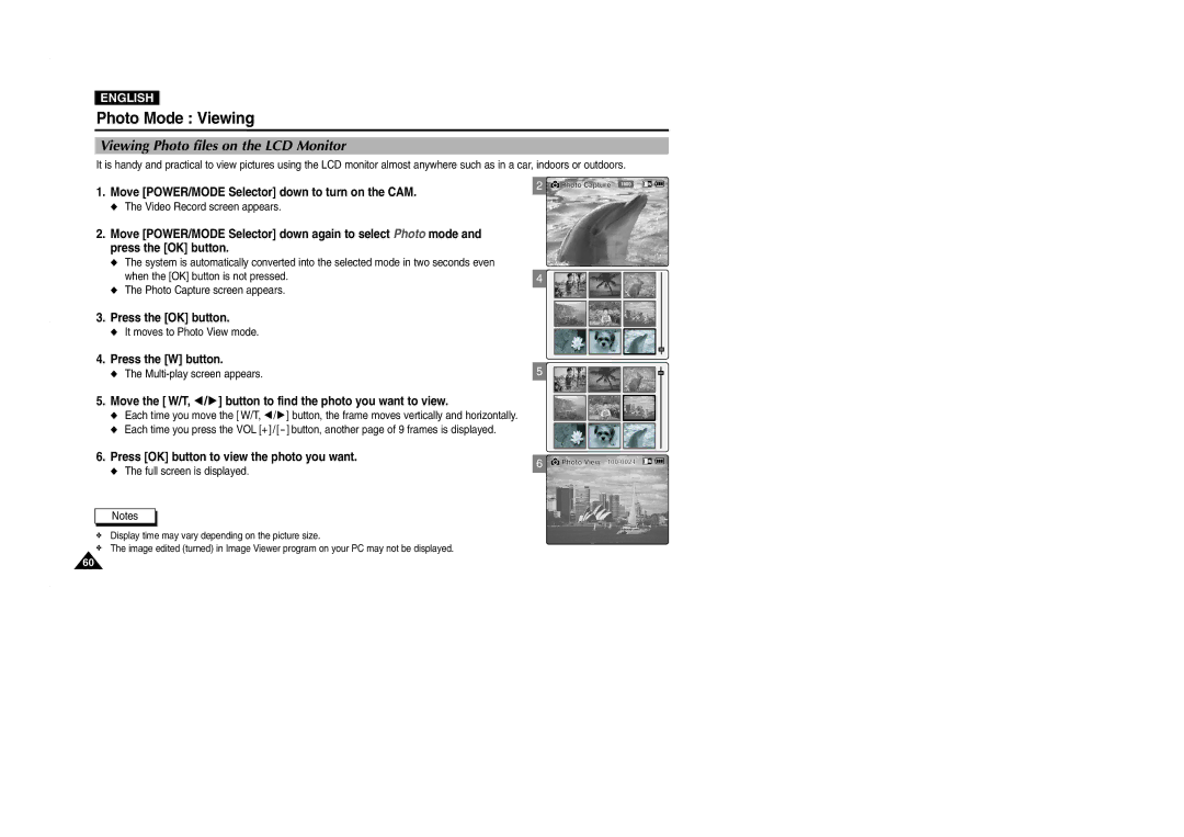 Samsung VP-M2100B/XET, VP-M2100BMEM, VP-M2050S/XEC, VP-M2100S/XEC Photo Mode Viewing, Viewing Photo files on the LCD Monitor 