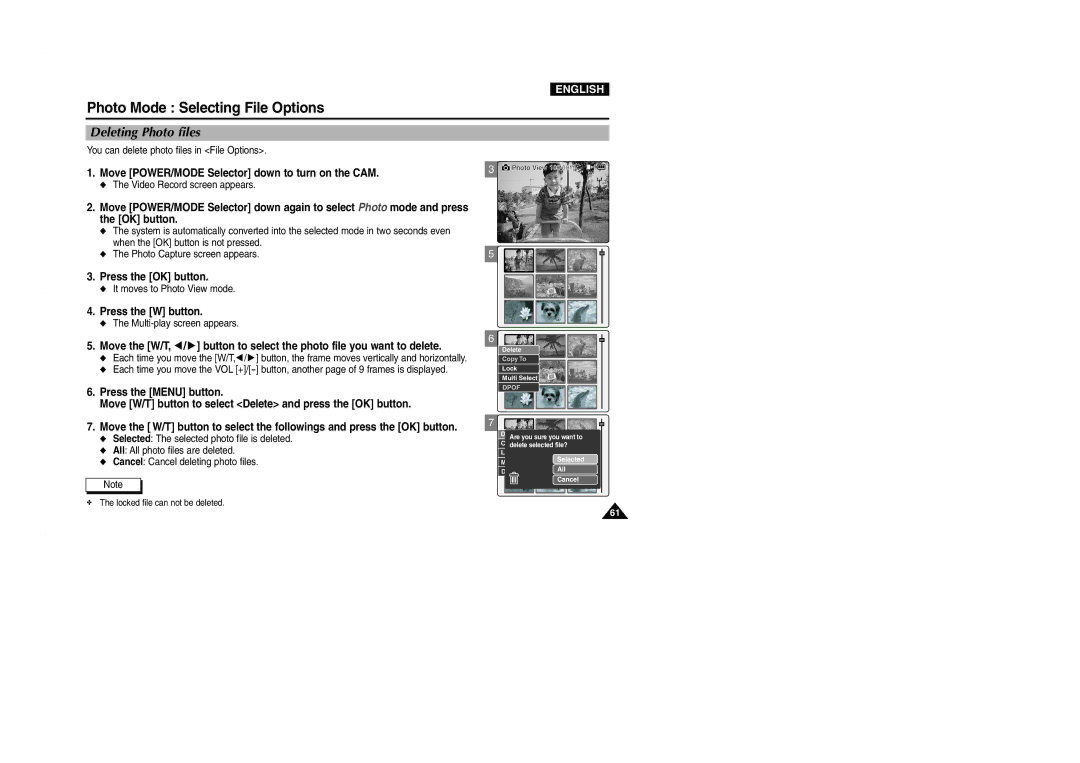 Samsung VP-M2100BMEM Photo Mode Selecting File Options, Deleting Photo files, You can delete photo files in File Options 