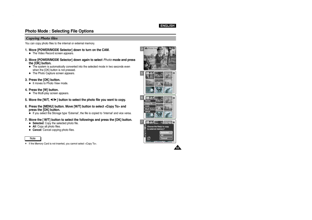 Samsung VP-M2100S/XEC, VP-M2100B/XET manual Copying Photo files, You can copy photo files to the internal or external memory 