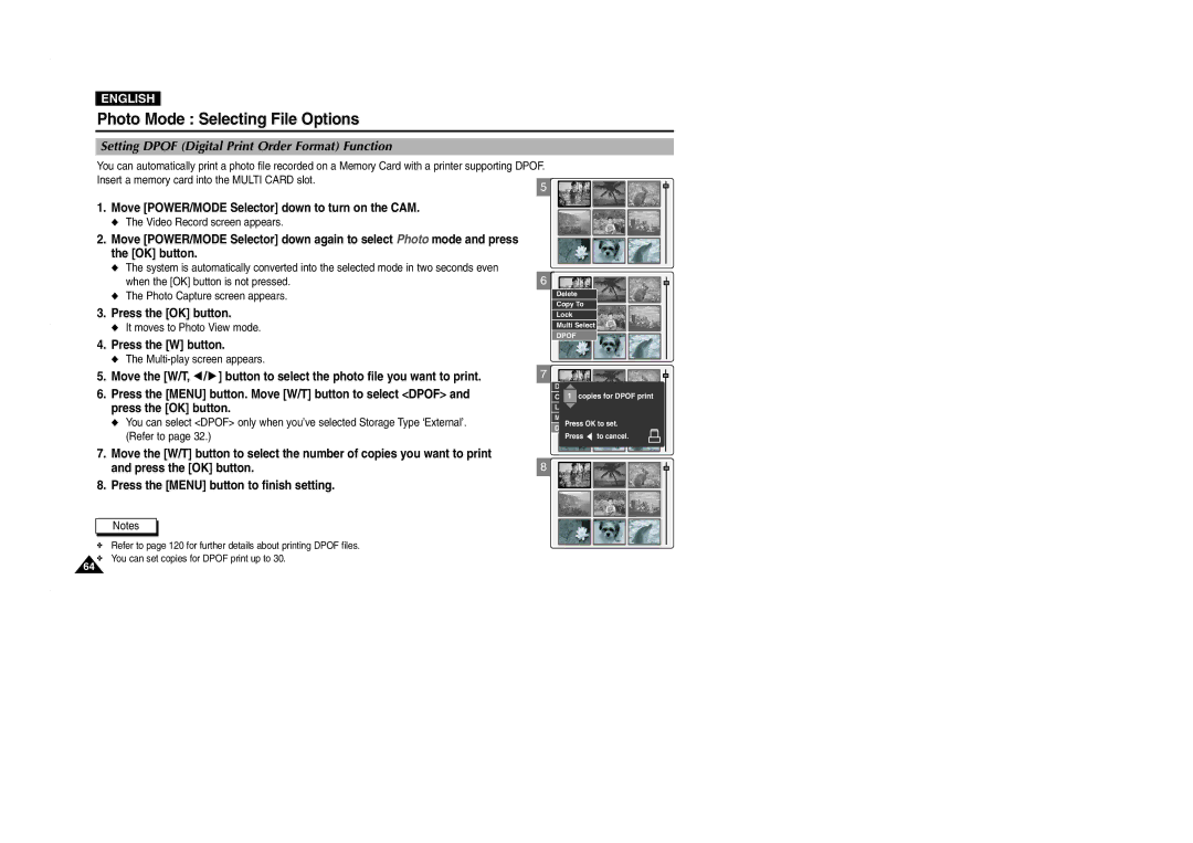 Samsung VP-M2100S/XEH, VP-M2100B/XET, VP-M2100BMEM, VP-M2050S/XEC manual Setting Dpof Digital Print Order Format Function 