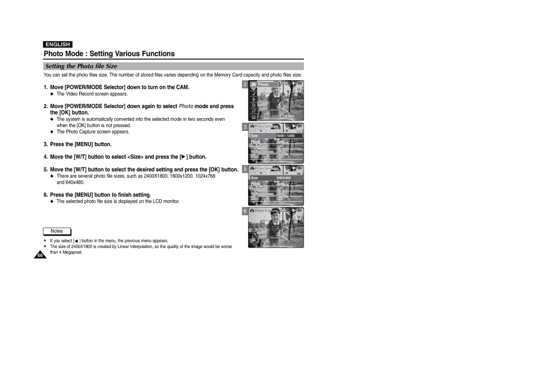 Samsung VP-M2100S/XEV, VP-M2100B/XET, VP-M2100BMEM manual Photo Mode Setting Various Functions, Setting the Photo file Size 