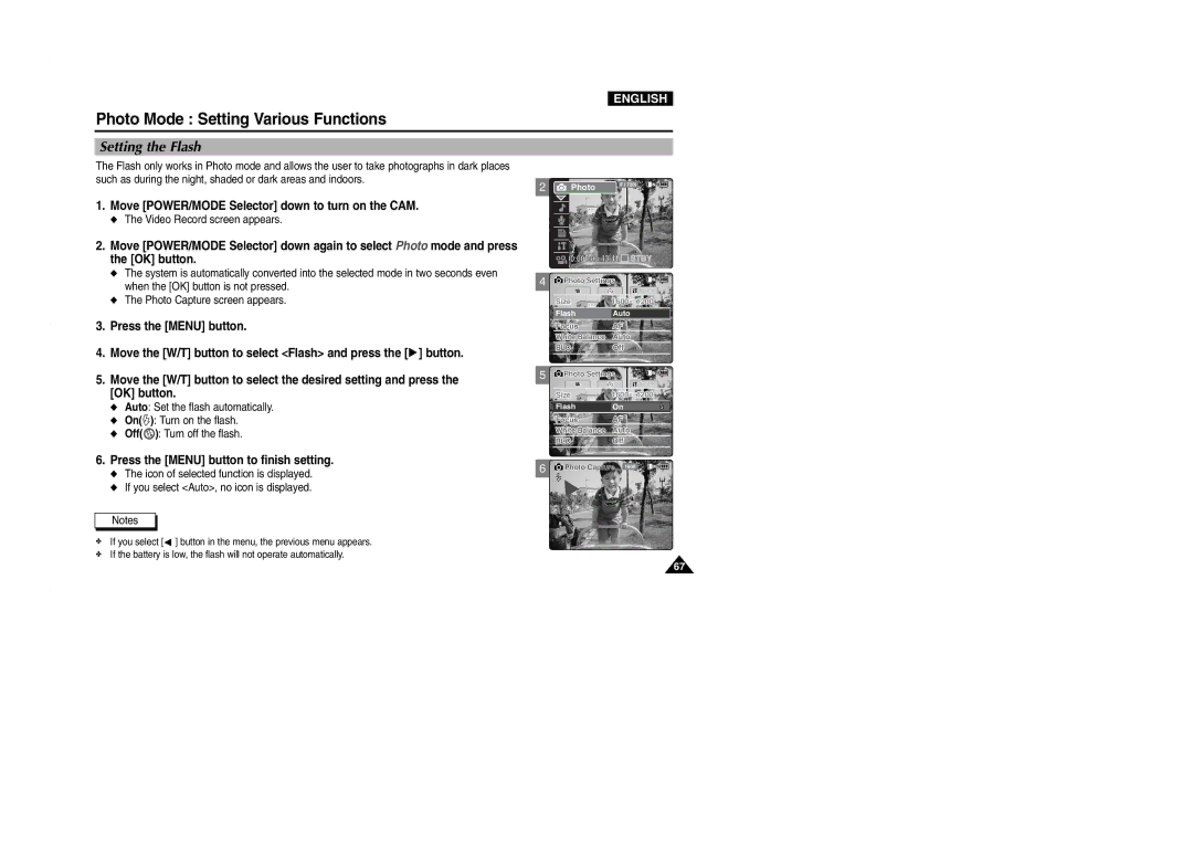 Samsung VP-M2050S/XEV, VP-M2100B/XET, VP-M2100BMEM, VP-M2050S/XEC, VP-M2100S/XEC, VP-M2100S/XEH manual Setting the Flash 