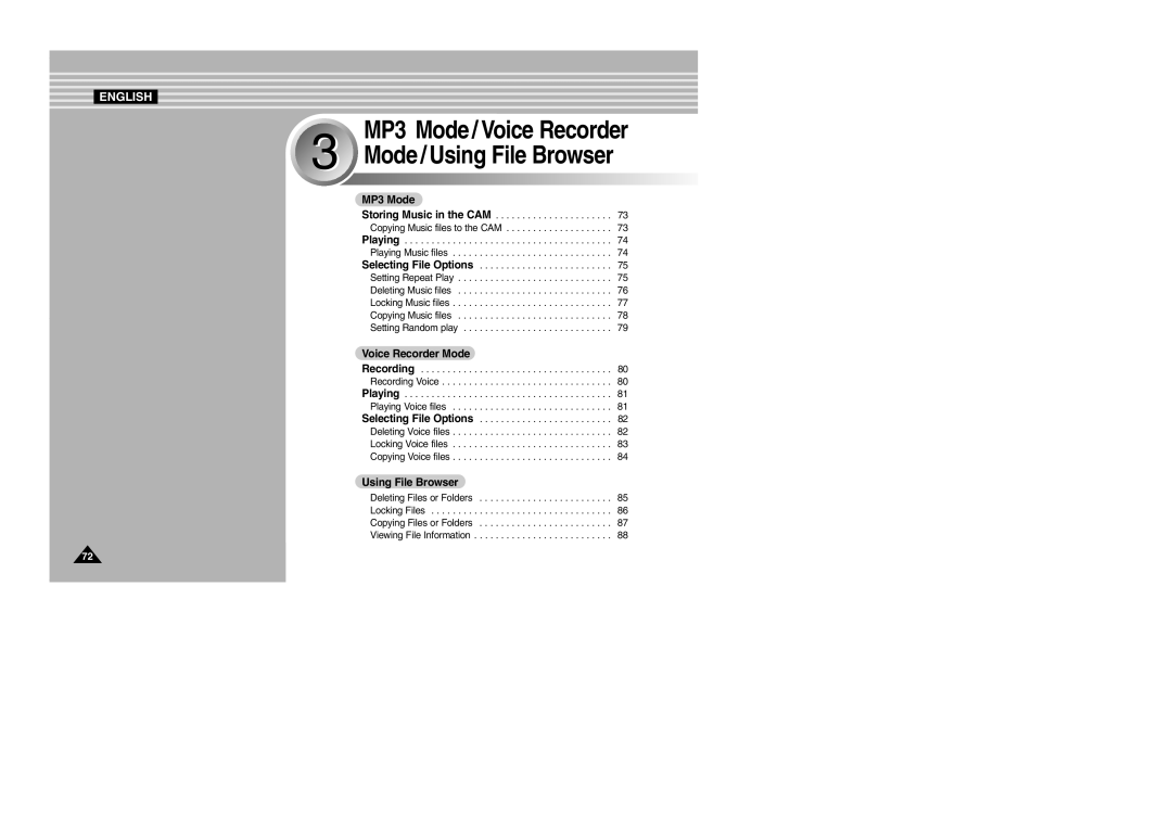 Samsung VP-M2050S/XEC, VP-M2100B/XET, VP-M2100BMEM, VP-M2100S/XEC, VP-M2100S/XEH, VP-M2100S/SED manual Mode / Using File Browser 