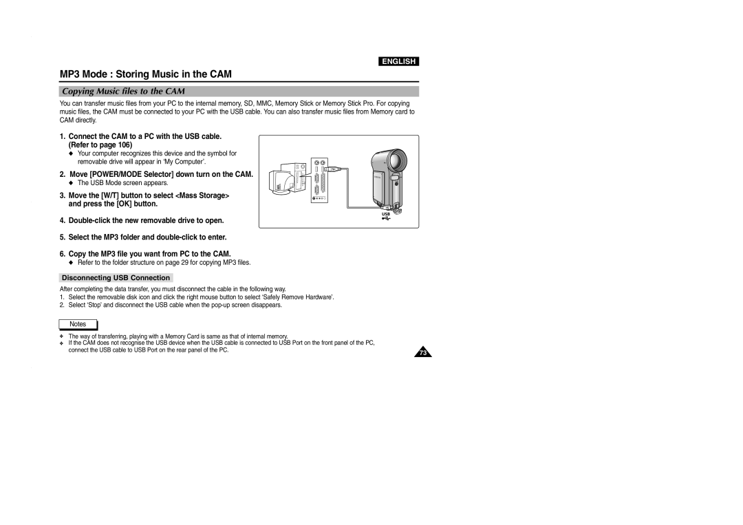 Samsung VP-M2100S/XEC MP3 Mode Storing Music in the CAM, Copying Music files to the CAM, Disconnecting USB Connection 