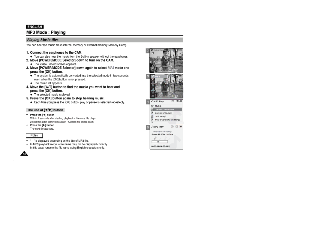 Samsung VP-M2100S/XEH manual MP3 Mode Playing, Playing Music files, Connect the earphones to the CAM, Use of œ/ √ button 
