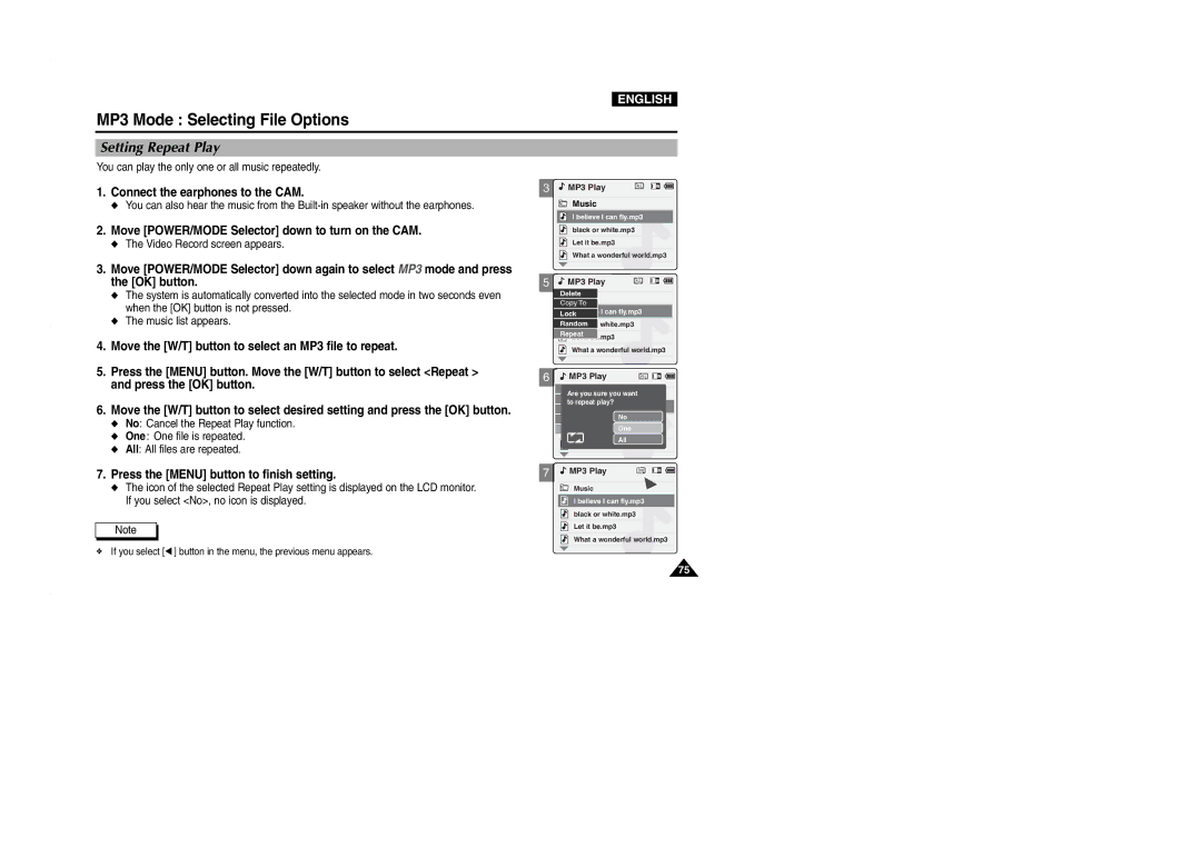 Samsung VP-M2100S/SED, VP-M2100B/XET, VP-M2100BMEM, VP-M2050S/XEC manual MP3 Mode Selecting File Options, Setting Repeat Play 