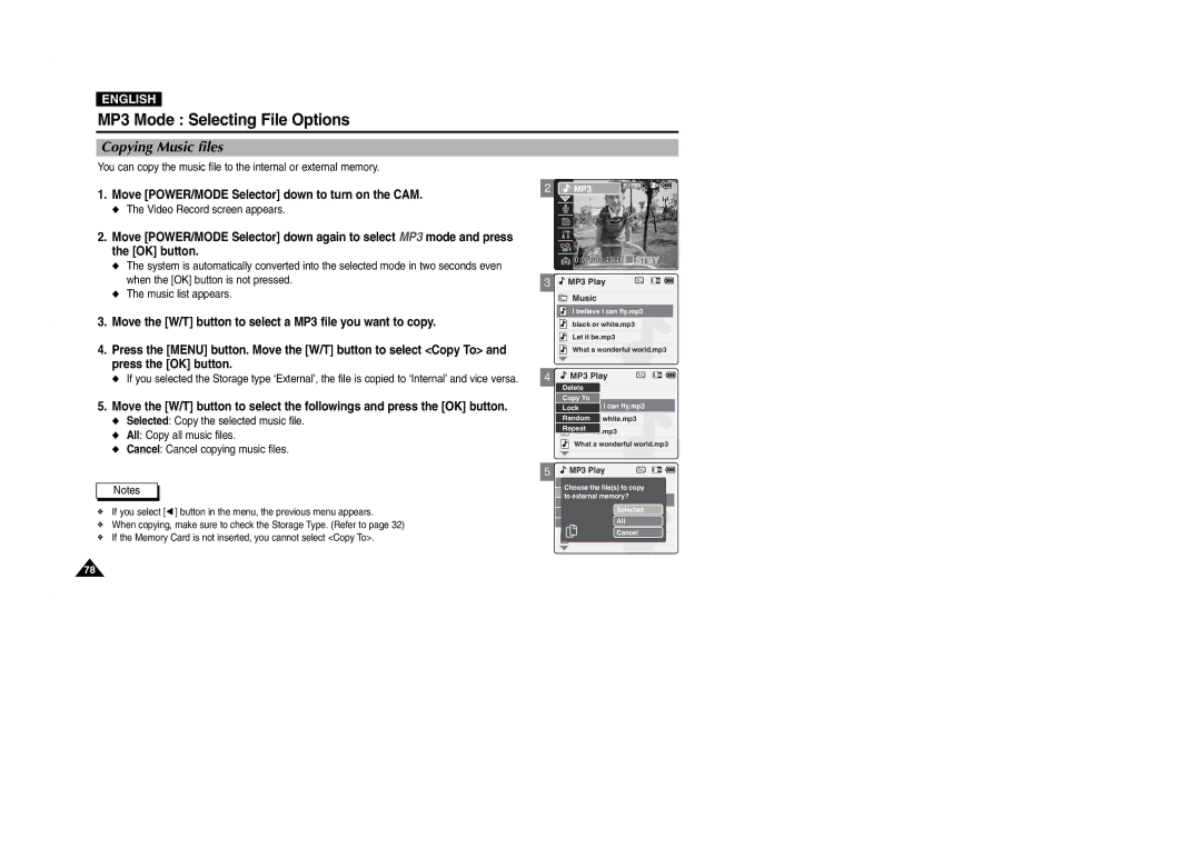 Samsung VP-M2050B/XEV, VP-M2100B/XET, VP-M2100BMEM, VP-M2050S/XEC, VP-M2100S/XEC, VP-M2100S/XEH manual Copying Music files 