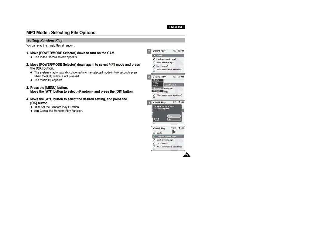 Samsung VP-M2100B/XEV, VP-M2100B/XET, VP-M2100BMEM Setting Random Play, OK button, You can play the music files at random 