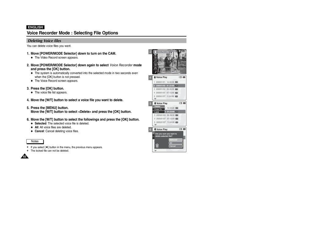 Samsung VP-M2050S/XEC, VP-M2100B/XET, VP-M2100BMEM manual Voice Recorder Mode Selecting File Options, Deleting Voice files 