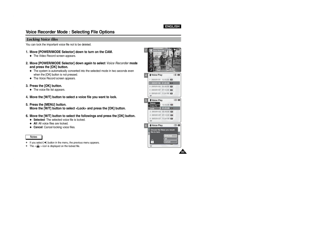 Samsung VP-M2100S/XEC, VP-M2100B/XET manual Locking Voice files, You can lock the important voice file not to be deleted 