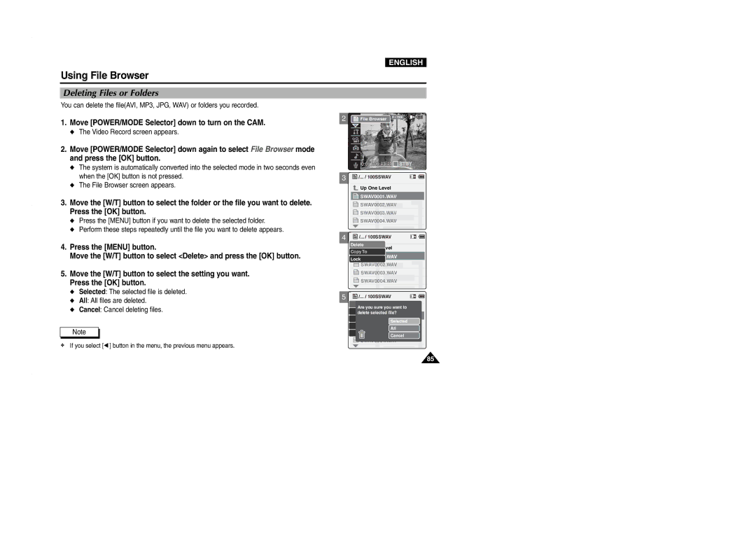 Samsung VP-M2100S/SED, VP-M2100B/XET, VP-M2100BMEM, VP-M2050S/XEC manual Using File Browser, Deleting Files or Folders 