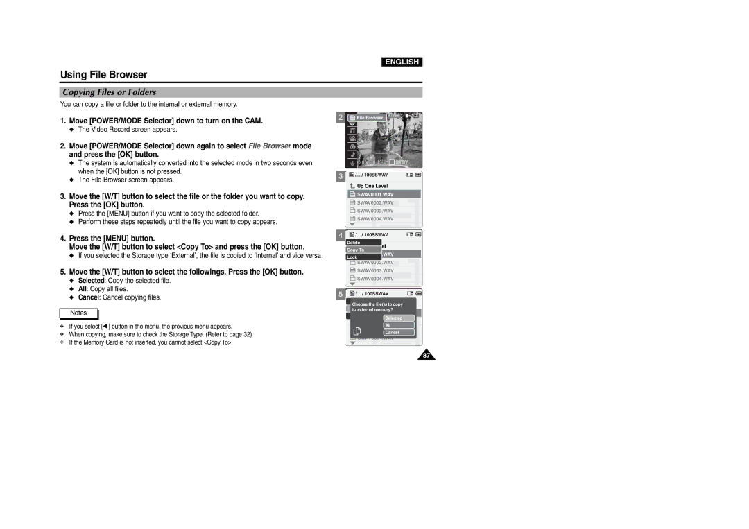 Samsung VP-M2050S/XEV, VP-M2100B/XET, VP-M2100BMEM, VP-M2050S/XEC, VP-M2100S/XEC, VP-M2100S/XEH manual Copying Files or Folders 