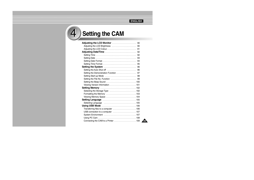 Samsung VP-M2100B/XEV, VP-M2100B/XET, VP-M2100BMEM, VP-M2050S/XEC, VP-M2100S/XEC, VP-M2100S/XEH, VP-M2100S/SED Setting the CAM 