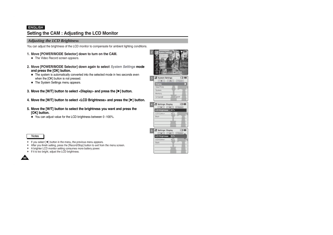 Samsung VP-M2100B/XET, VP-M2100BMEM, VP-M2050S/XEC Setting the CAM Adjusting the LCD Monitor, Adjusting the LCD Brightness 
