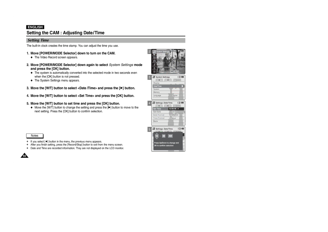 Samsung VP-M2050S/XEC, VP-M2100B/XET, VP-M2100BMEM, VP-M2100S/XEC manual Setting the CAM Adjusting Date/Time, Setting Time 