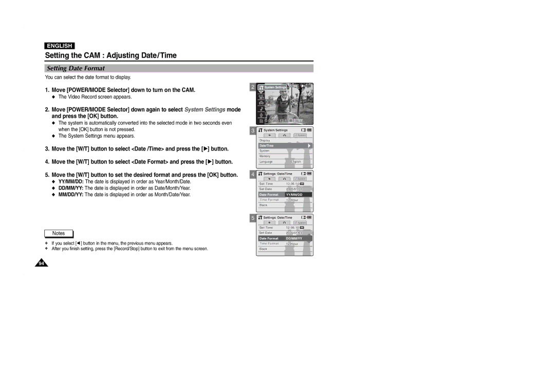 Samsung VP-M2100S/XEH, VP-M2100B/XET, VP-M2100BMEM manual Setting Date Format, You can select the date format to display 