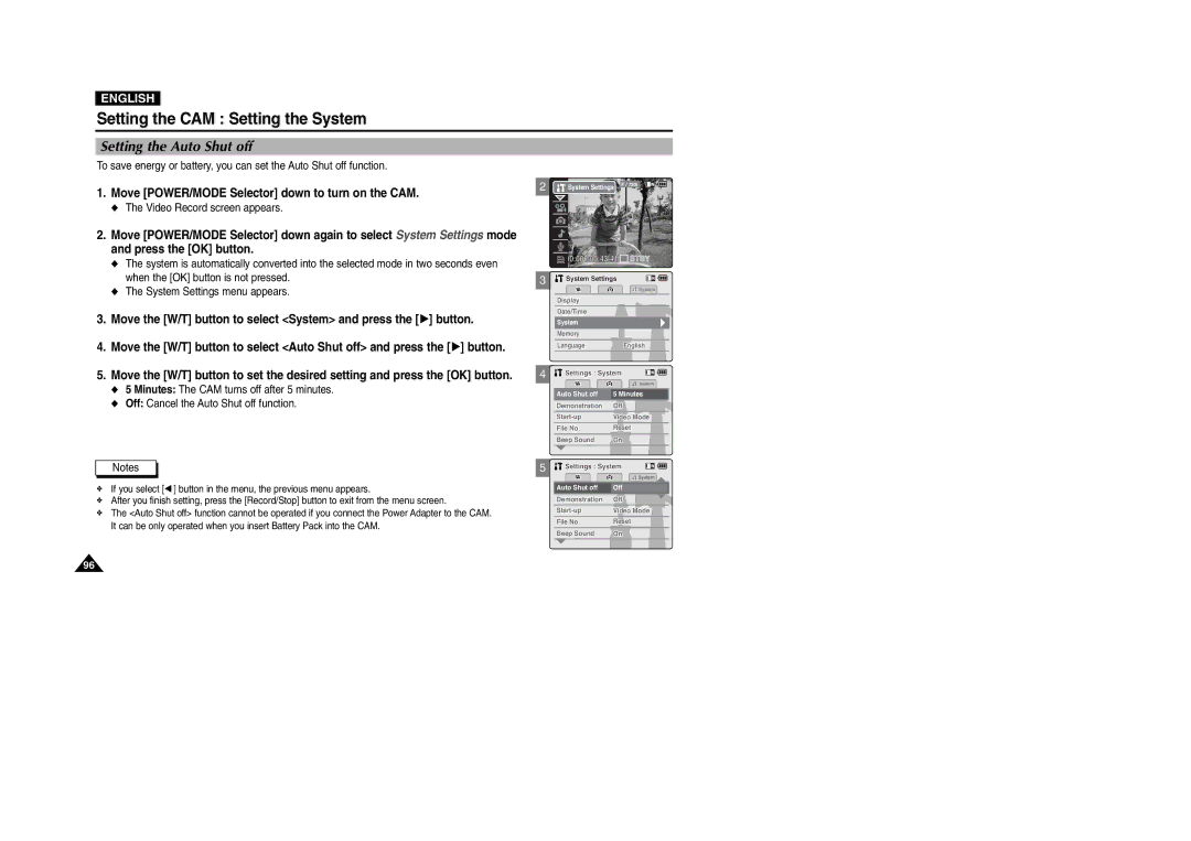 Samsung VP-M2100S/XEV, VP-M2100B/XET, VP-M2100BMEM manual Setting the CAM Setting the System, Setting the Auto Shut off 