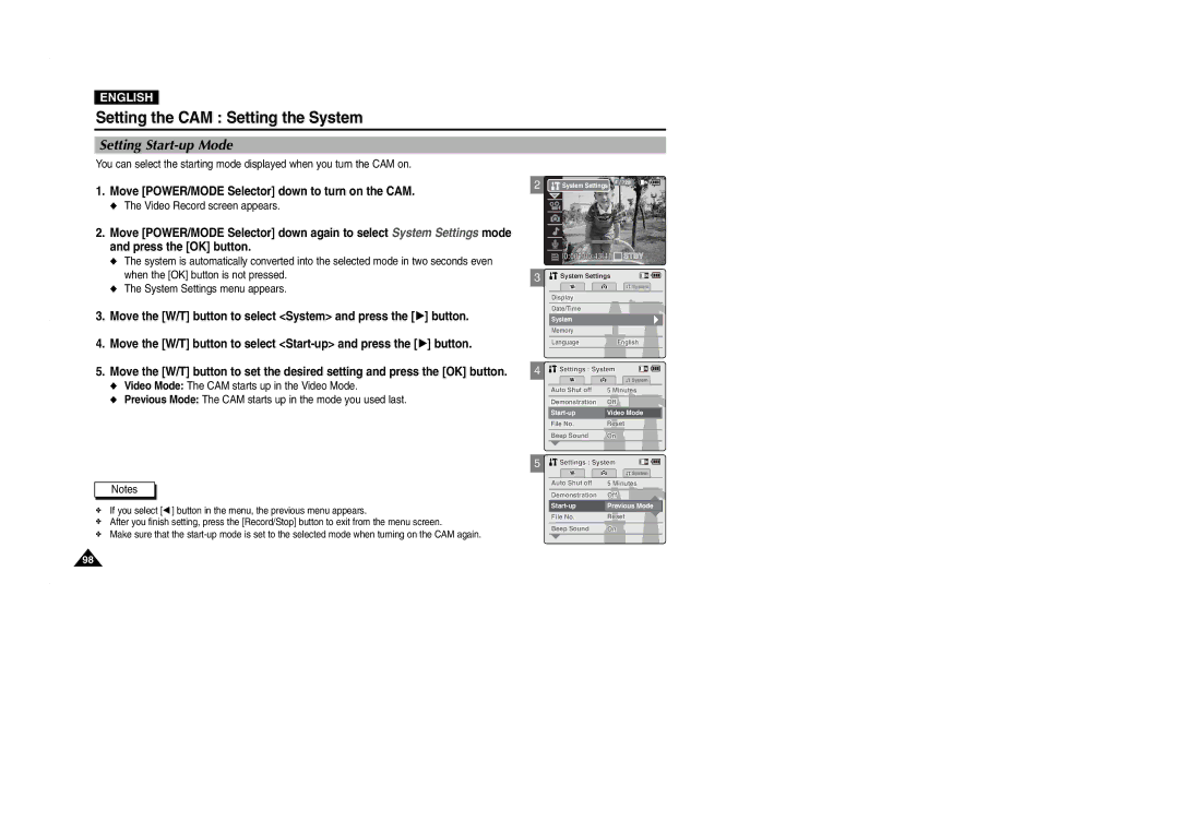 Samsung VP-M2050B/XEV, VP-M2100B/XET, VP-M2100BMEM, VP-M2050S/XEC, VP-M2100S/XEC, VP-M2100S/XEH manual Setting Start-up Mode 