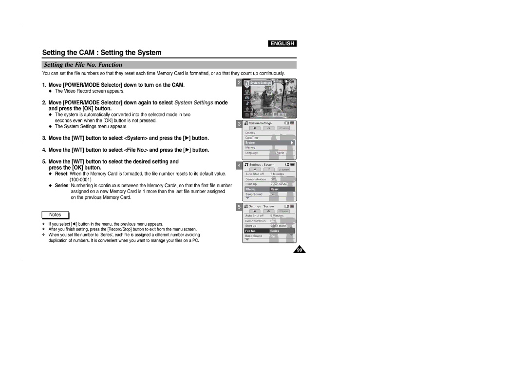 Samsung VP-M2100B/XEV, VP-M2100B/XET, VP-M2100BMEM, VP-M2050S/XEC, VP-M2100S/XEC Setting the File No. Function, File No Reset 