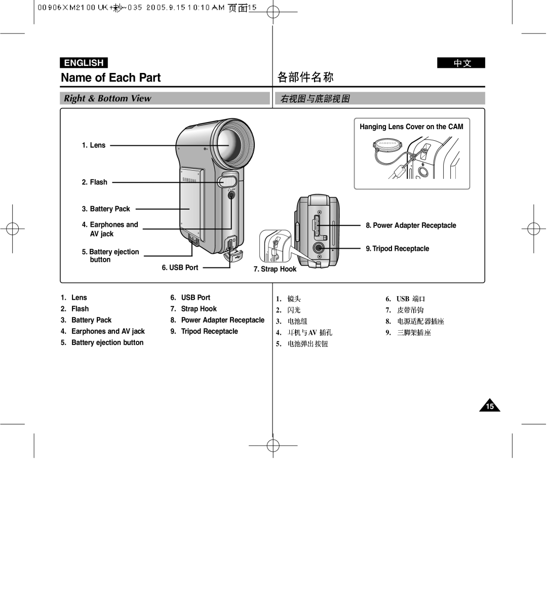 Samsung VP-M2100S/SED manual Right & Bottom View, Hanging Lens Cover on the CAM, Lens USB Port, Strap Hook Battery Pack 