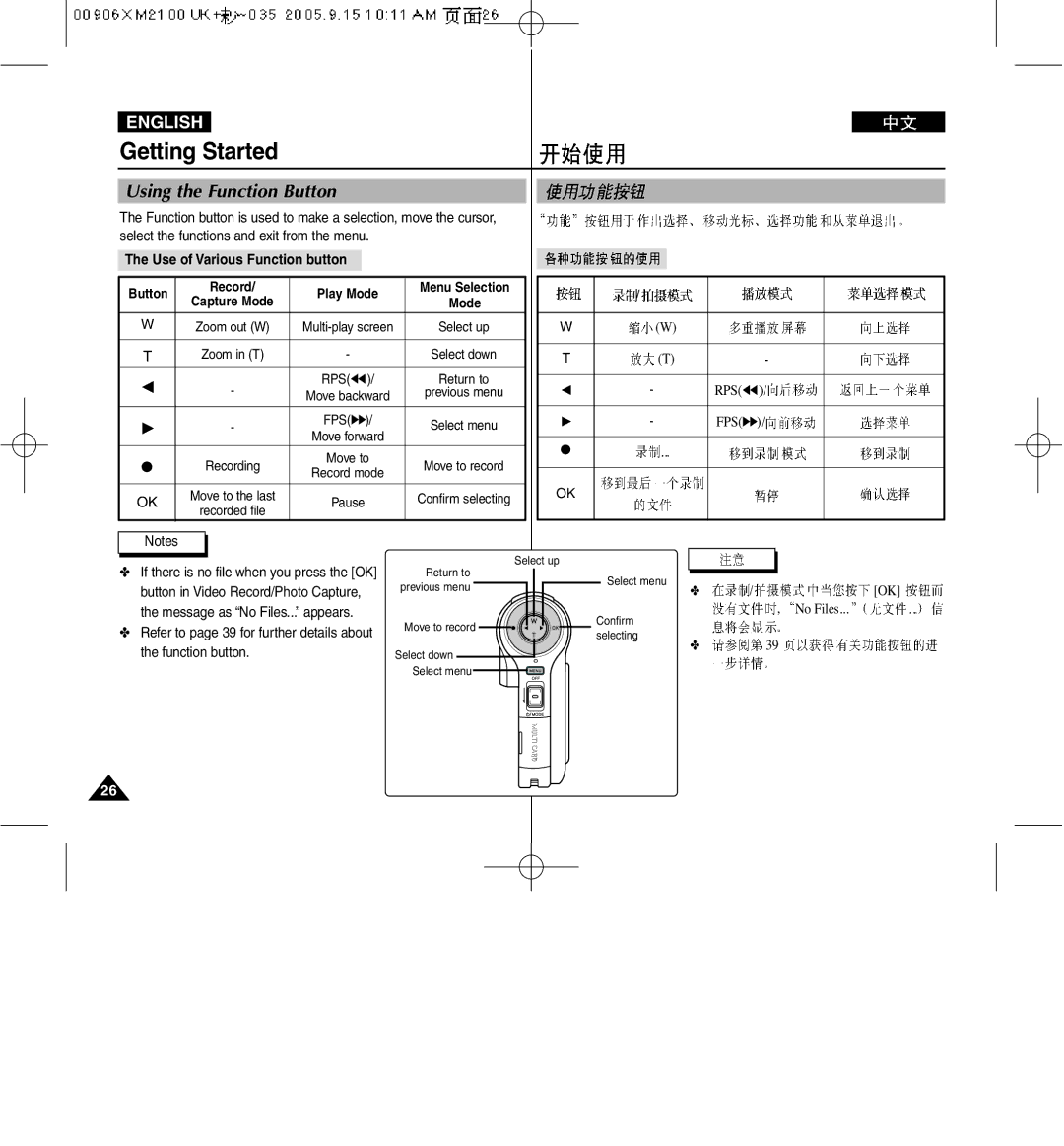 Samsung VP-M2100S/XEV Using the Function Button, Use of Various Function button, Button in Video Record/Photo Capture 