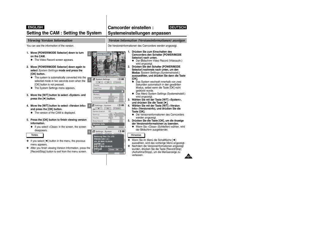 Samsung VP-M2100BMEM, VP-M2100B/XET manual Viewing Version Information, Version Information Versionsinformationen anzeigen 