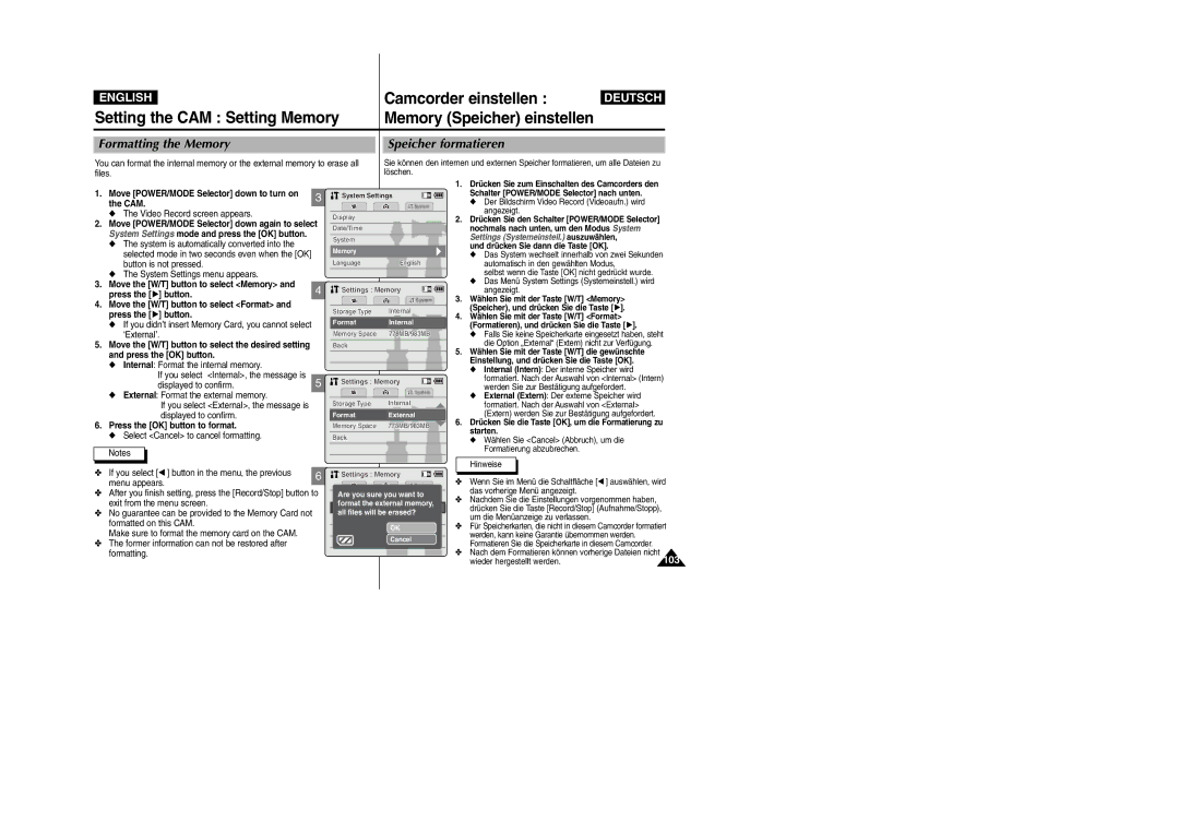 Samsung VP-M2100S/XEC, VP-M2100B/XET manual Formatting the Memory, Speicher formatieren, Press the OK button to format 