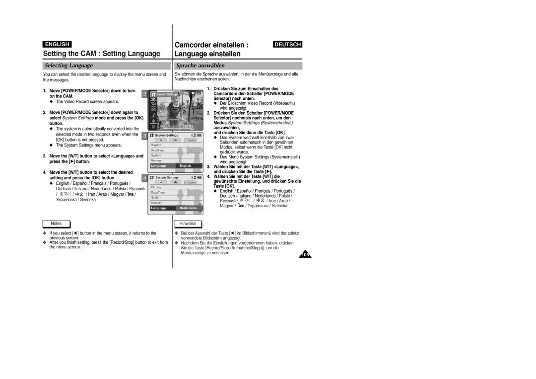 Samsung VP-M2100S/SED manual Setting the CAM Setting Language Language einstellen, Selecting Language, Sprache auswählen 